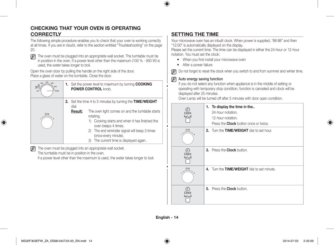 Samsung MS32F303EFW/ZA manual Checking That Your Oven is Operating Correctly, Setting the Time, Power Control knob 