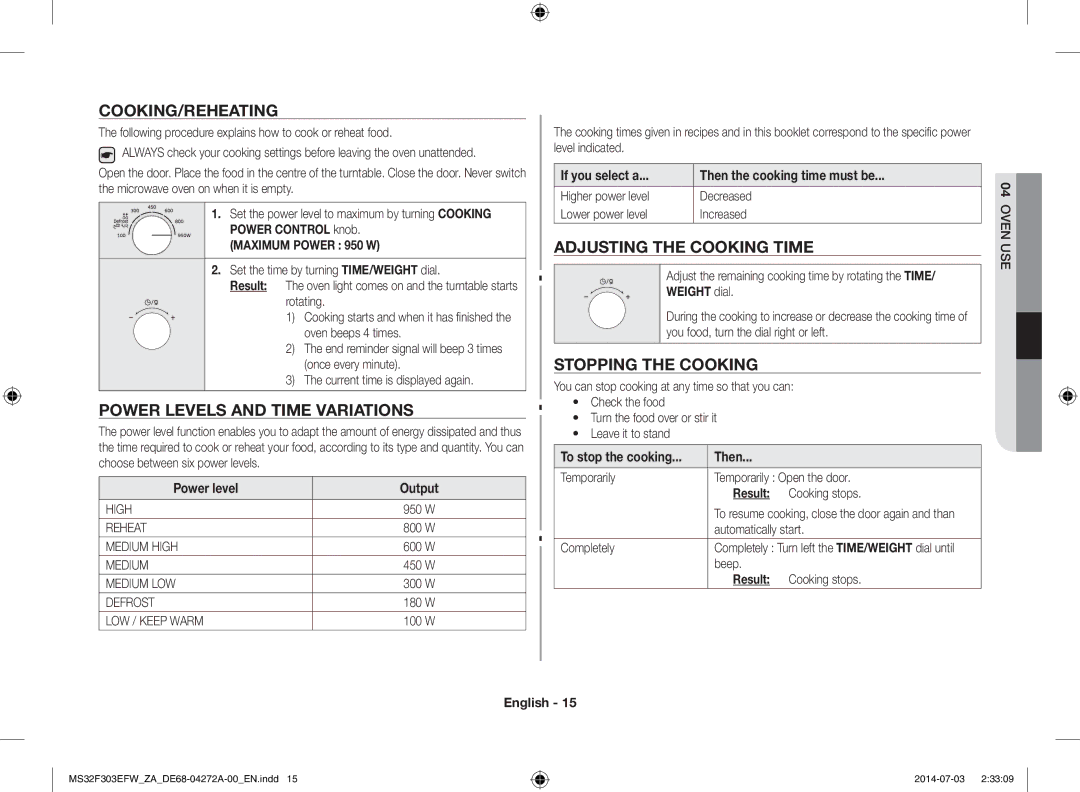 Samsung MS32F303EFW/ZA manual Cooking/Reheating, Power Levels and Time Variations, Adjusting the Cooking Time 