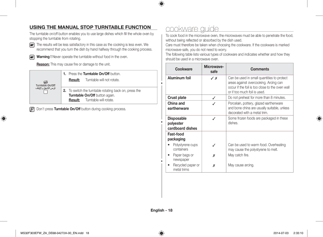 Samsung MS32F303EFW/ZA manual Cookware guide, Using the Manual Stop Turntable Function 