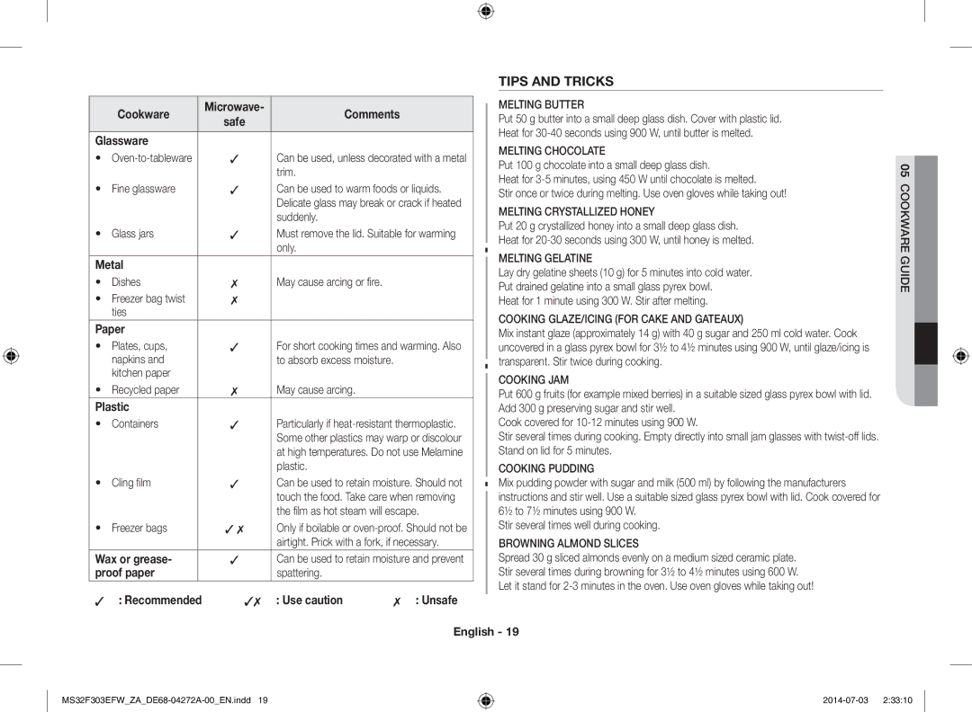 Samsung MS32F303EFW/ZA manual Glassware, Metal, Paper, Plastic, Wax or grease, Proof paper, Unsafe 