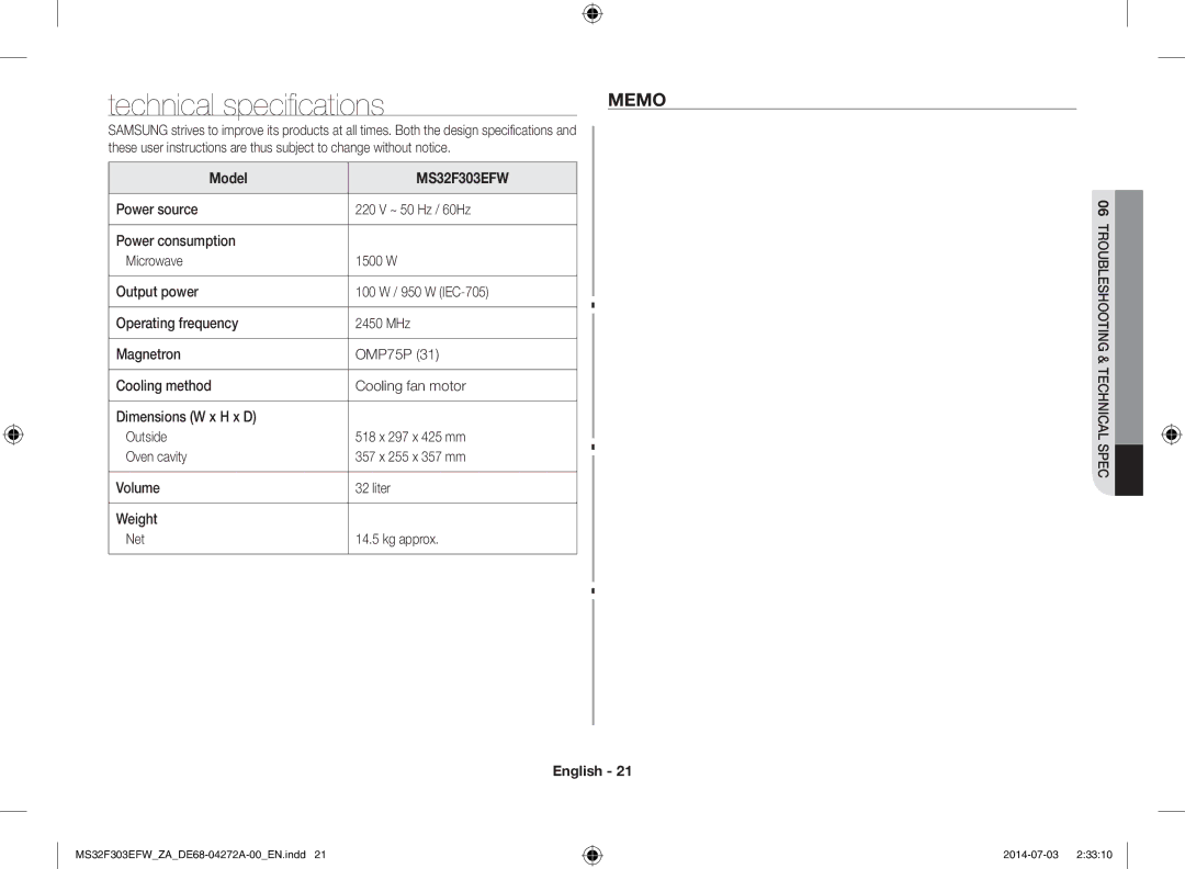 Samsung MS32F303EFW/ZA manual Technical specifications, Memo, Model 