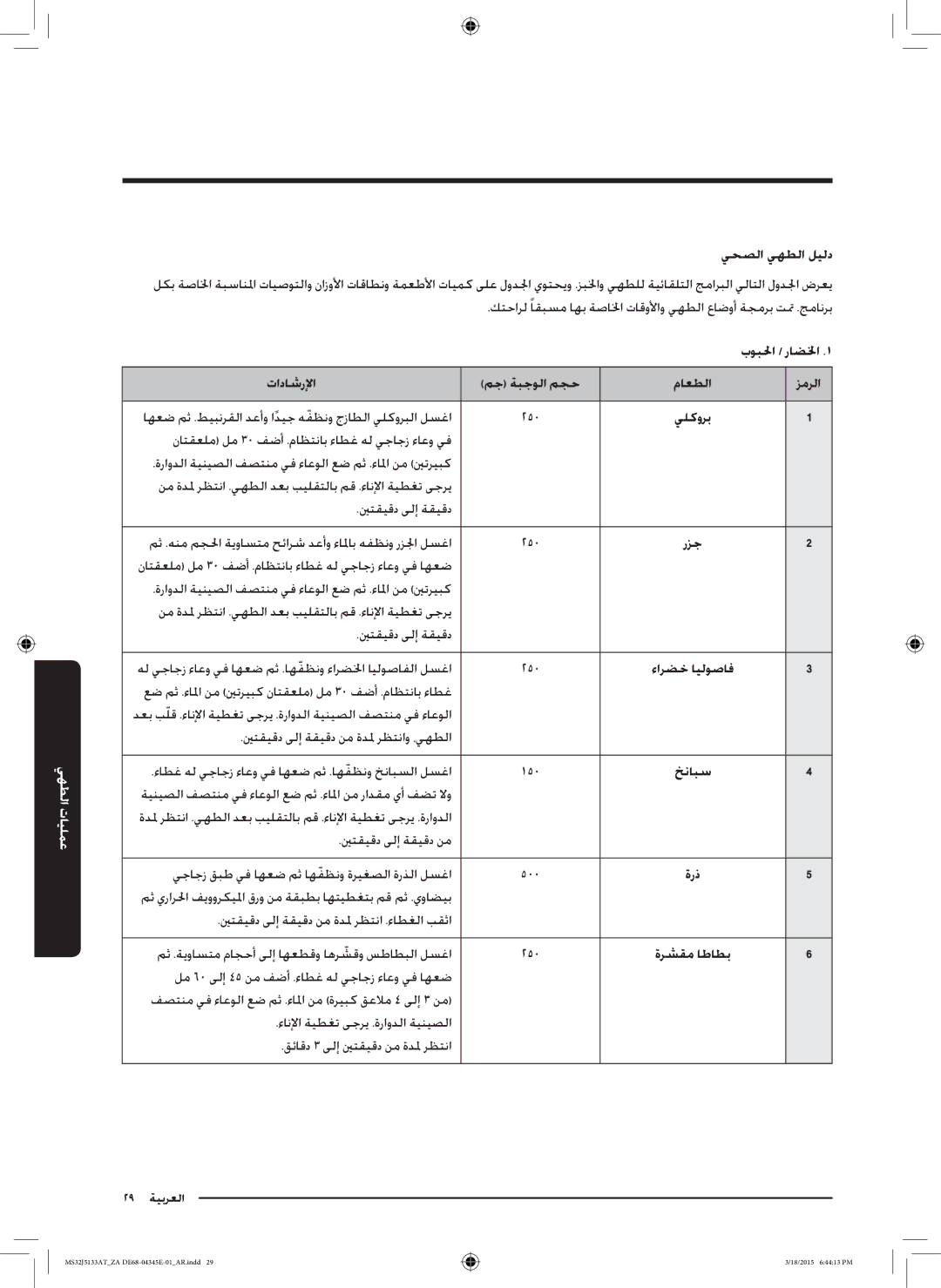 Samsung MS32J5133AT/ZA manual يحصلا يهطلا ليلد, تاداشرلإا مج ةبجولا مجح ماعطلا, خنابس, ةرشقم اطاطب 