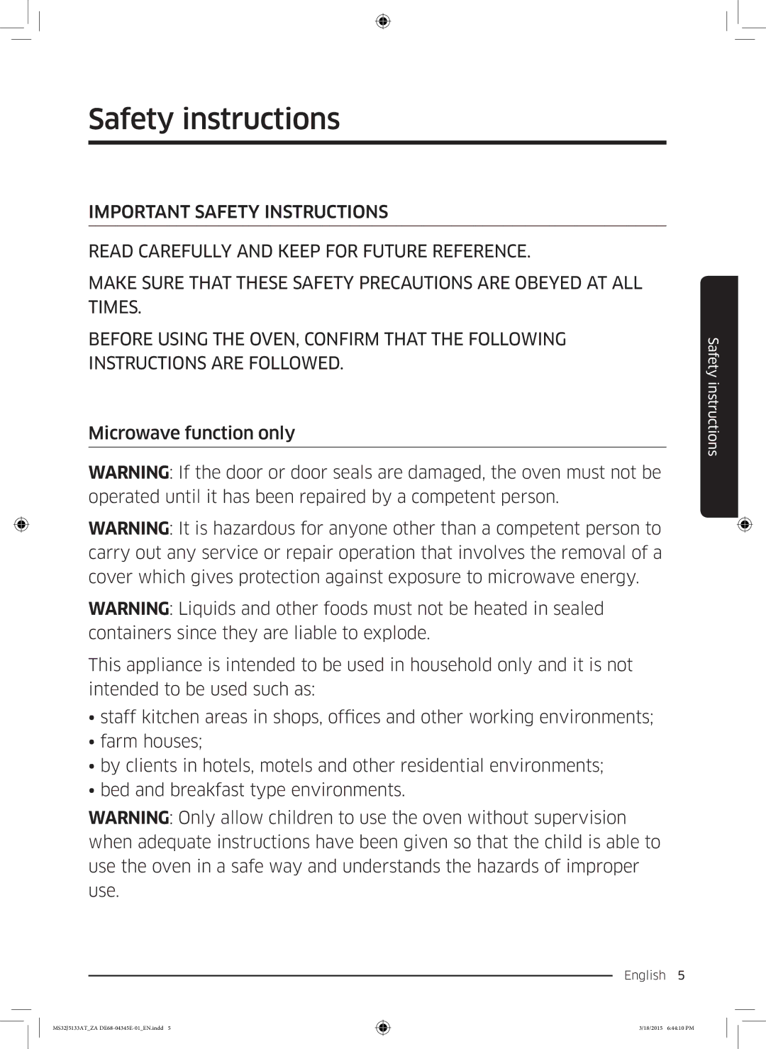 Samsung MS32J5133AT/ZA manual Safety instructions 