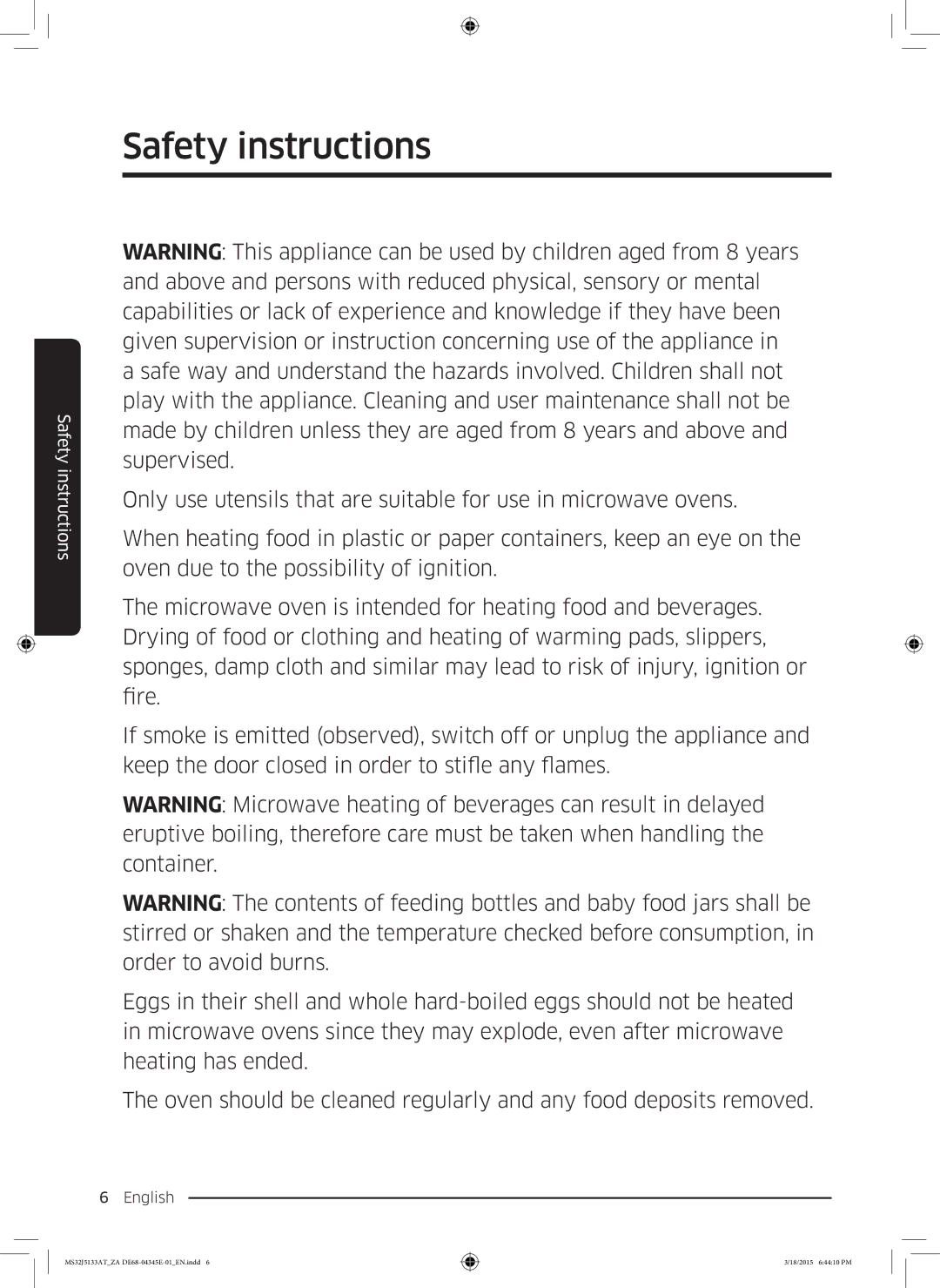 Samsung MS32J5133AT/ZA manual Safety instructions 