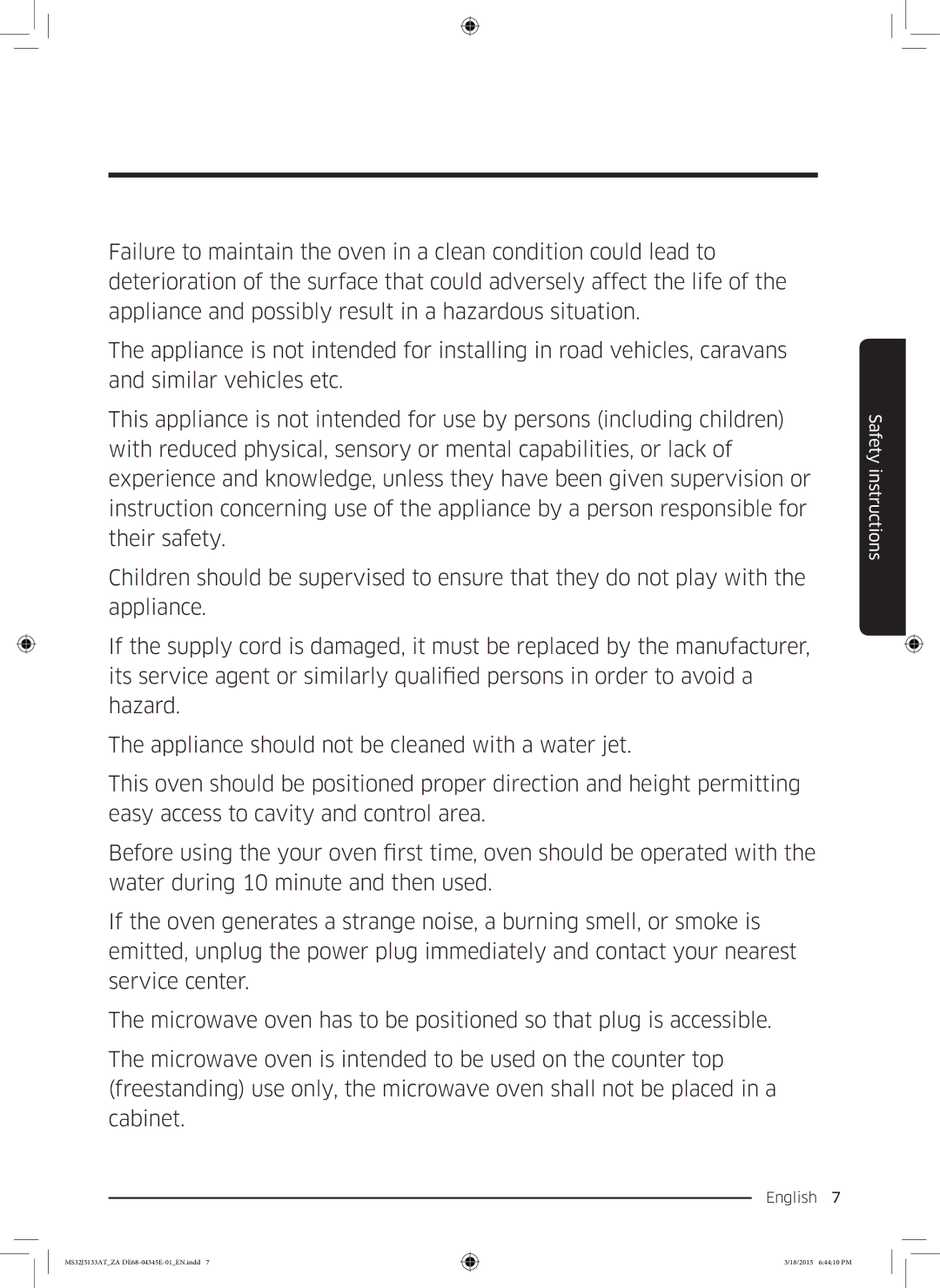 Samsung MS32J5133AT/ZA manual Safety instructions 