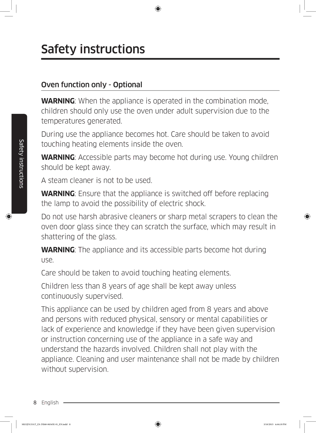 Samsung MS32J5133AT/ZA manual Safety instructions 