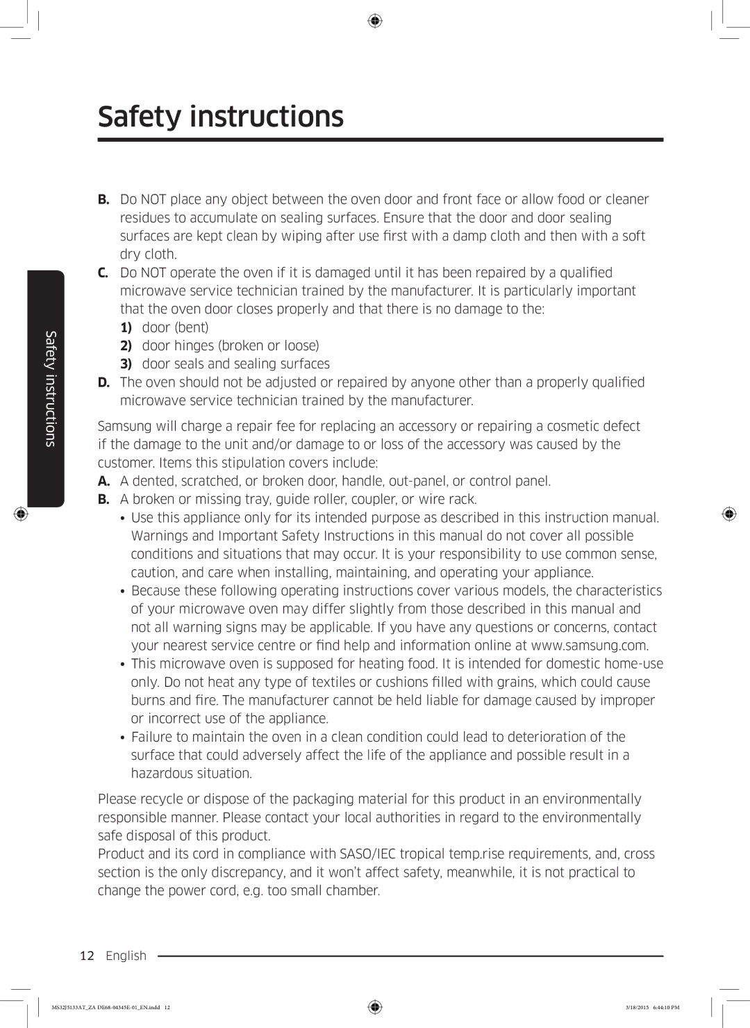 Samsung MS32J5133AT/ZA manual Safety instructions 