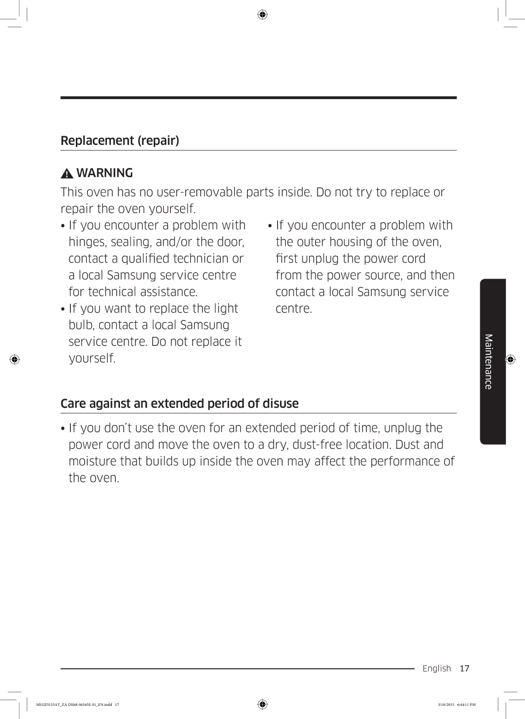 Samsung MS32J5133AT/ZA manual Maintenance 