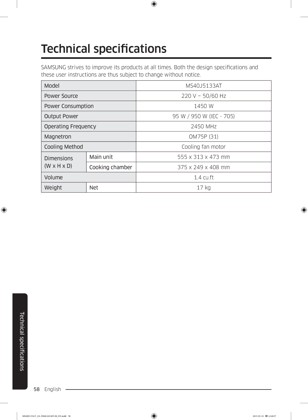 Samsung MS40J5133AT/ZA manual Technical specifcationsication 