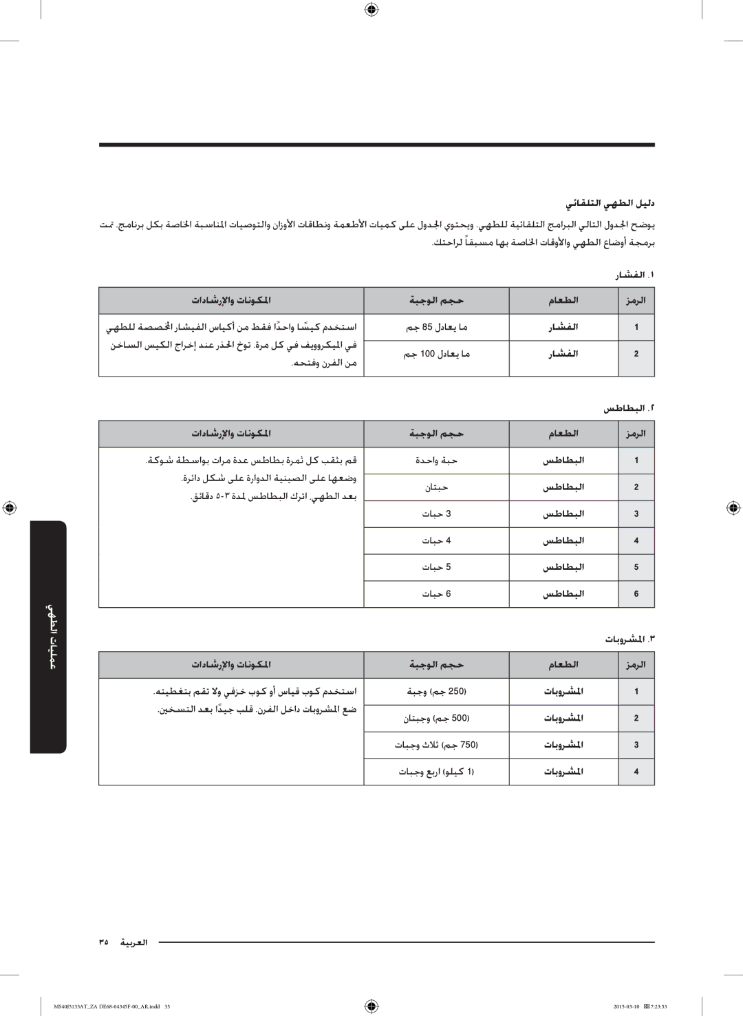 Samsung MS40J5133AT/ZA manual يئاقلتلا يهطلا ليلد, راشفلا, تاداشرلإاو تانوكلما ةبجولا مجح ماعطلا 