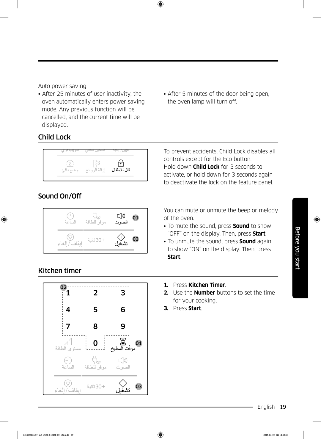 Samsung MS40J5133AT/ZA manual Child Lock, Sound On/Off, Kitchen timer, Start, Press Kitchen Timer 