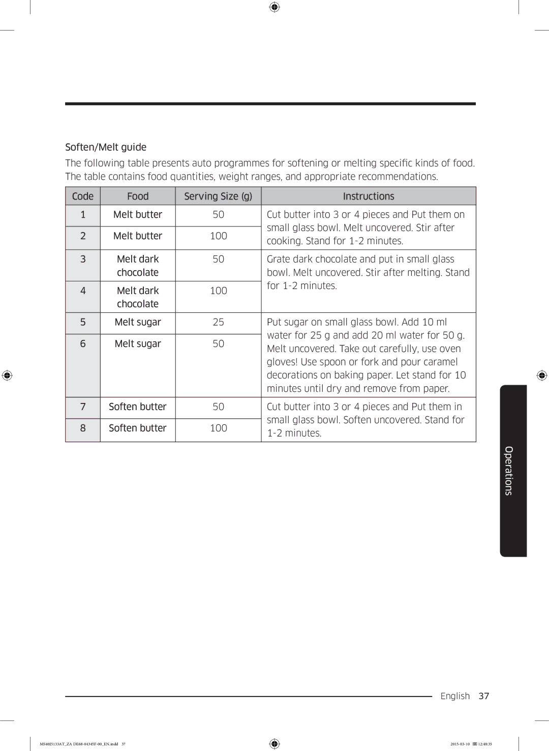 Samsung MS40J5133AT/ZA manual Operations 