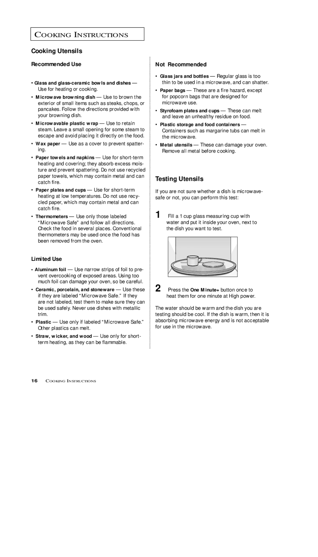 Samsung MS5796W, MS7797G, MS7796W, MS5797G, MS5796S manual Cooking Instructions, Cooking Utensils, Testing Utensils 