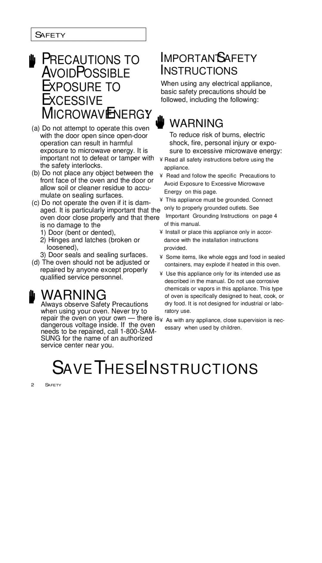 Samsung MS7796W, MS7797G, MS5796W, MS5797G, MS5796S manual Safety, Read all safety instructions before using the appliance 