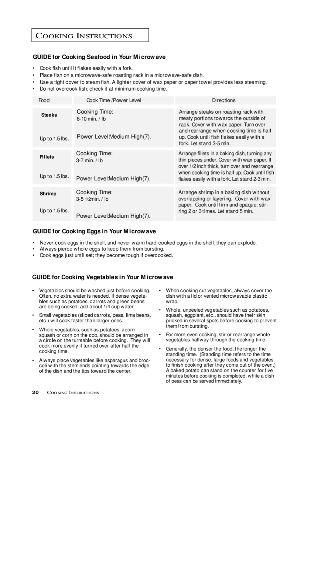 Samsung MS7797G, MS5796W, MS7796W Guide for Cooking Seafood in Your Microwave, Guide for Cooking Eggs in Your Microwave 