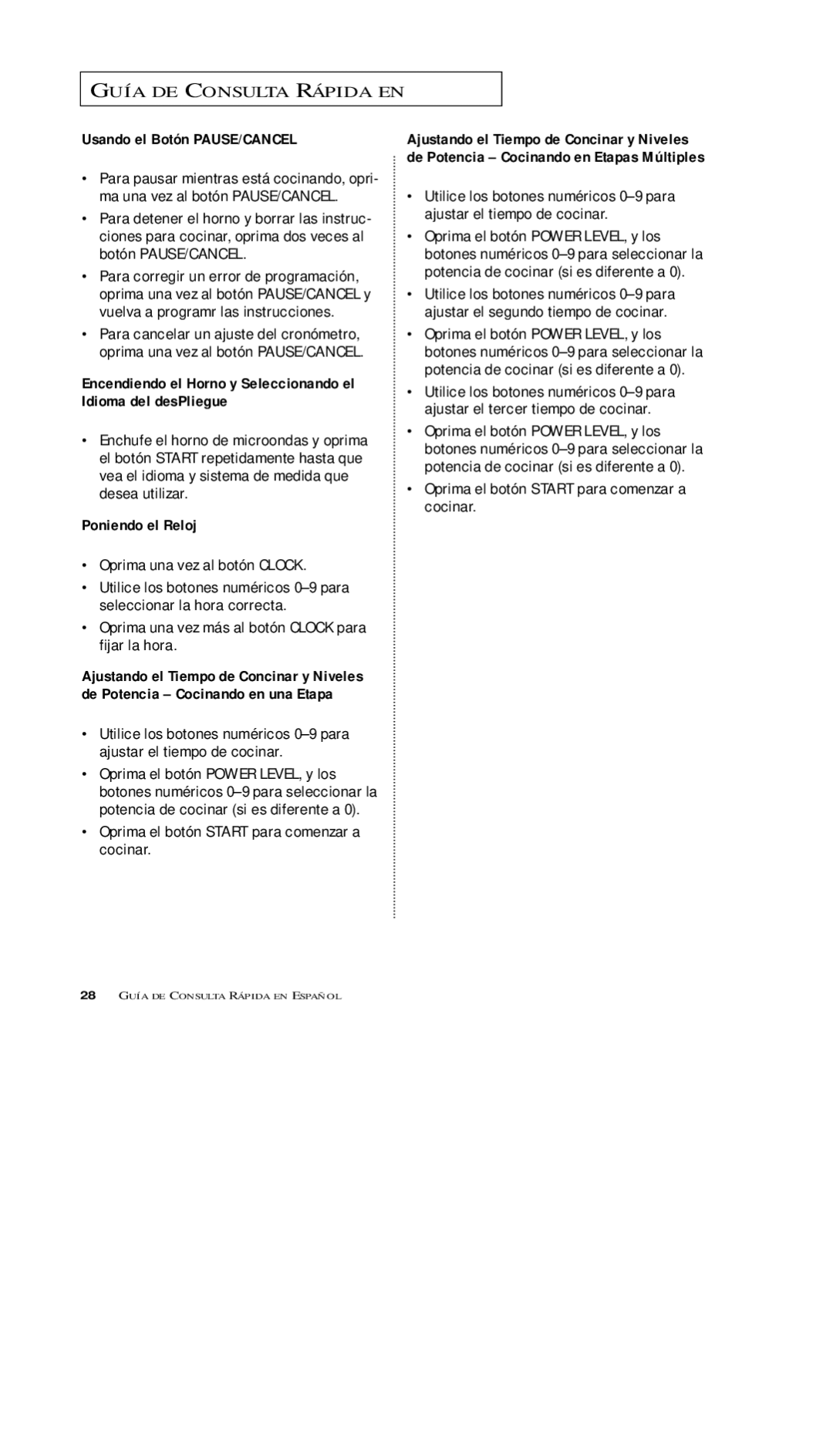 Samsung MS5797G, MS7797G, MS5796W, MS7796W manual Guía DE Consulta Rápida EN, Usando el Botón PAUSE/CANCEL, Poniendo el Reloj 