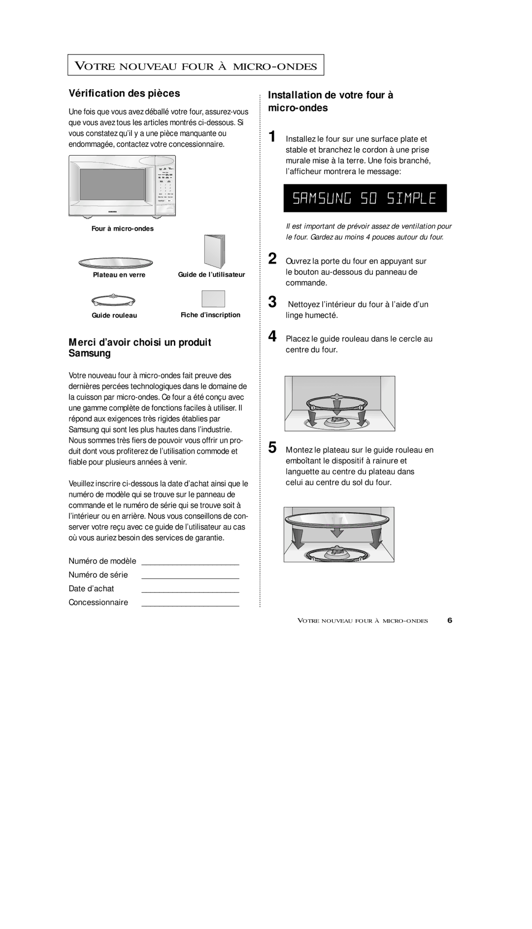 Samsung MS7796W Vérification des pièces, Merci d’avoir choisi un produit Samsung, Installation de votre four à micro-ondes 