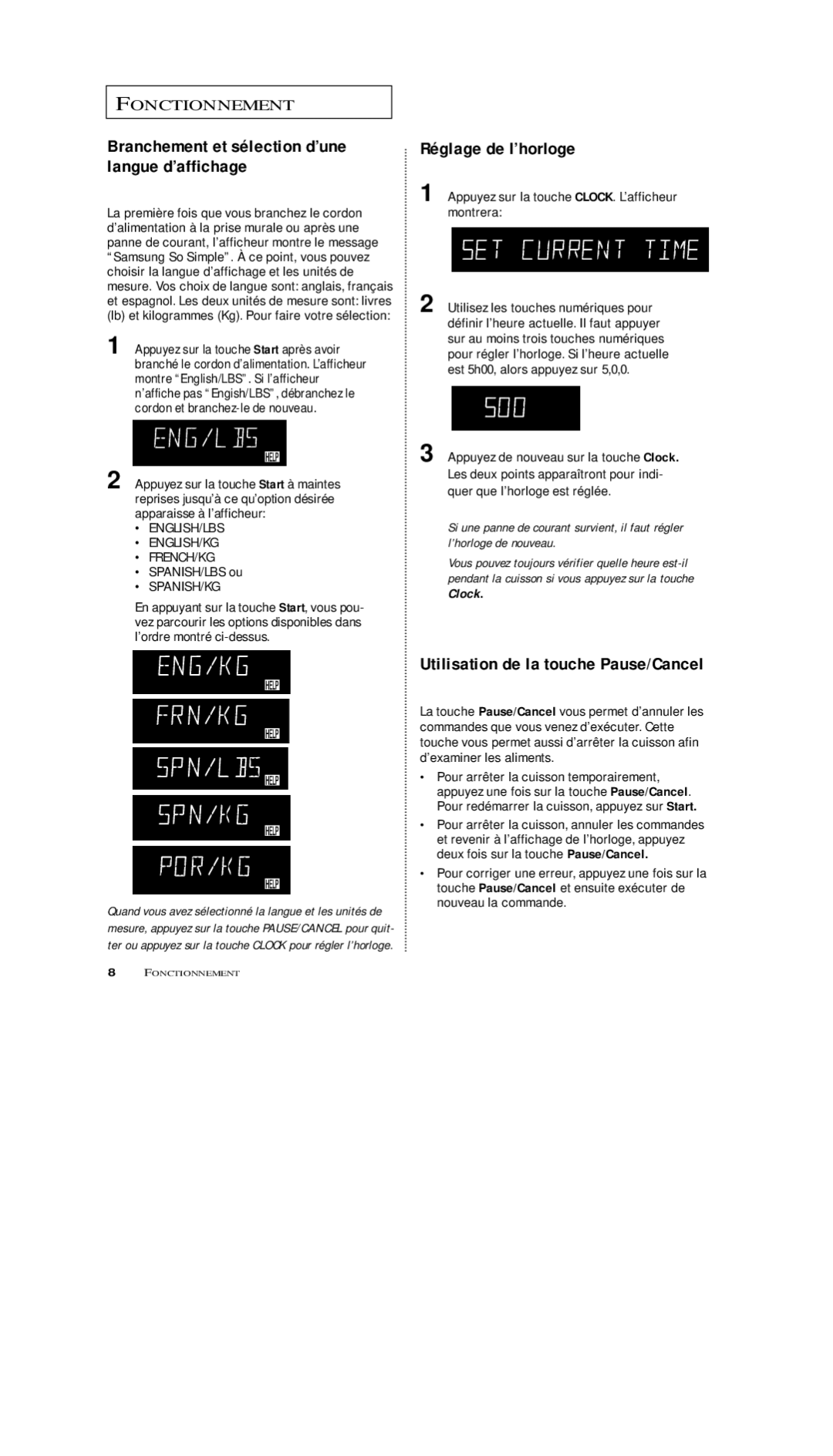 Samsung MS5796S, MS7797G, MS5796W Branchement et sélection d’une langue d’affichage, Réglage de l’horloge, SPANISH/LBS ou 