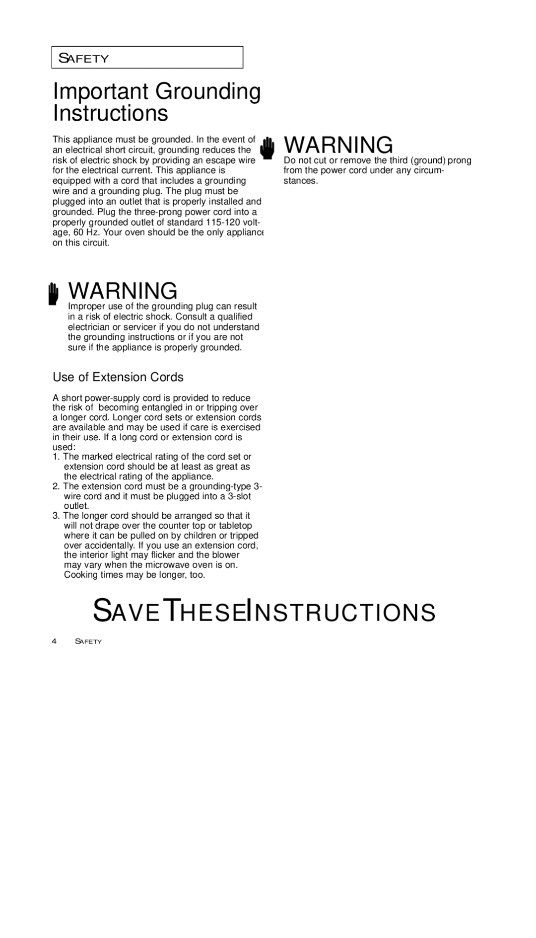 Samsung MS5796S, MS7797G, MS5796W, MS7796W, MS5797G manual Important Grounding Instructions, Use of Extension Cords 