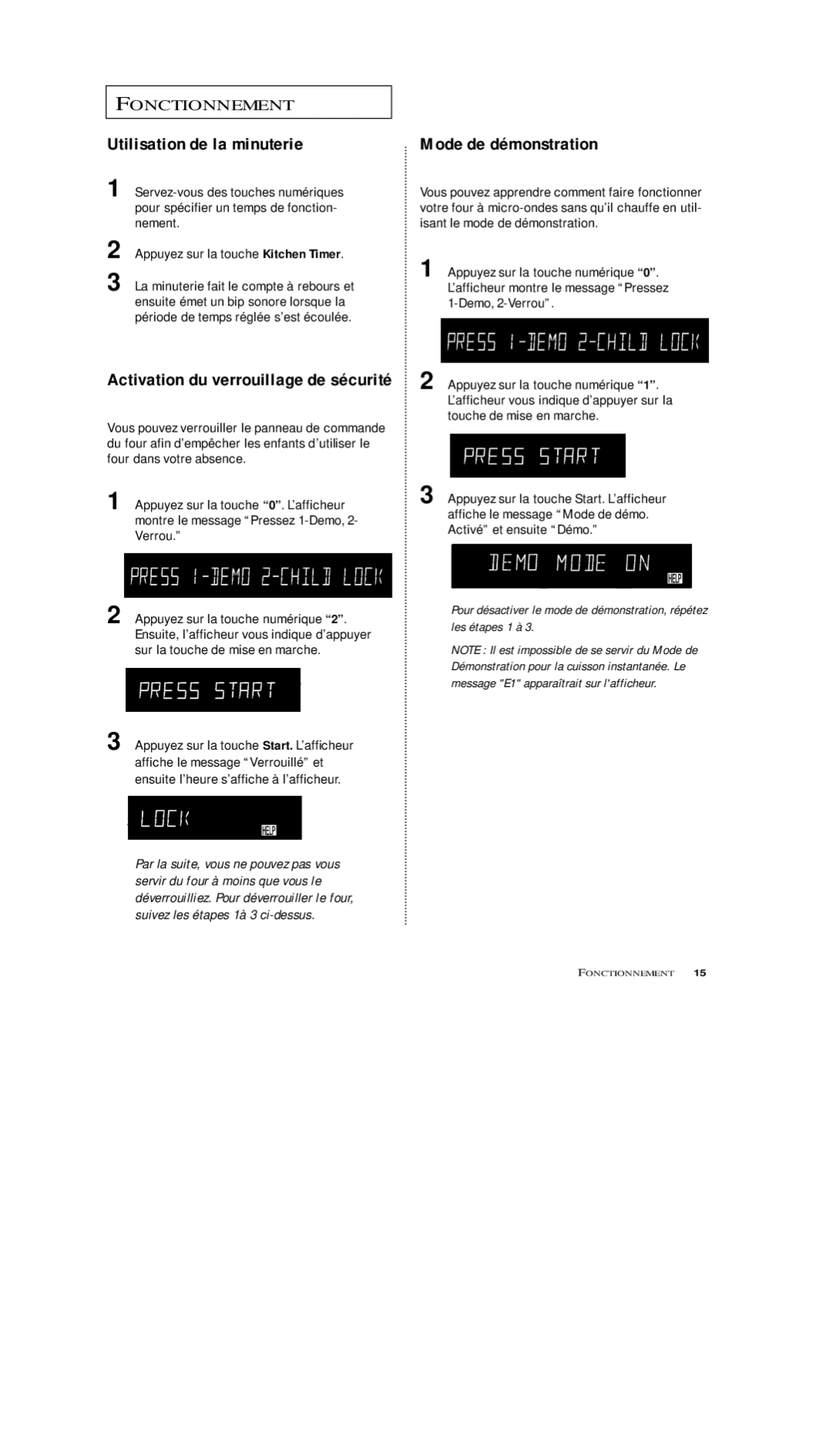 Samsung MS5796W, MS7797G manual Utilisation de la minuterie, Mode de démonstration, Activation du verrouillage de sécurité 