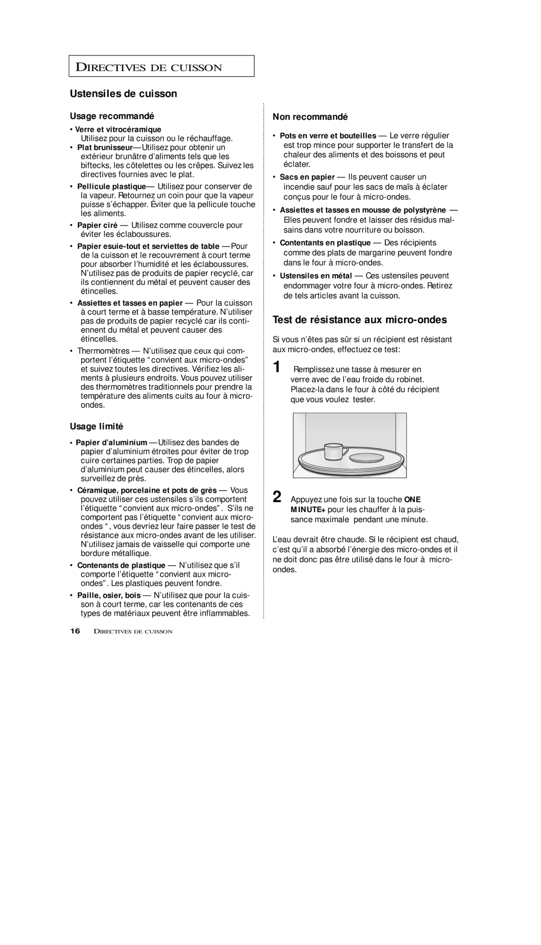 Samsung MS7796W Ustensiles de cuisson, Test de résistance aux micro-ondes, Usage recommandé, Usage limité, Non recommandé 