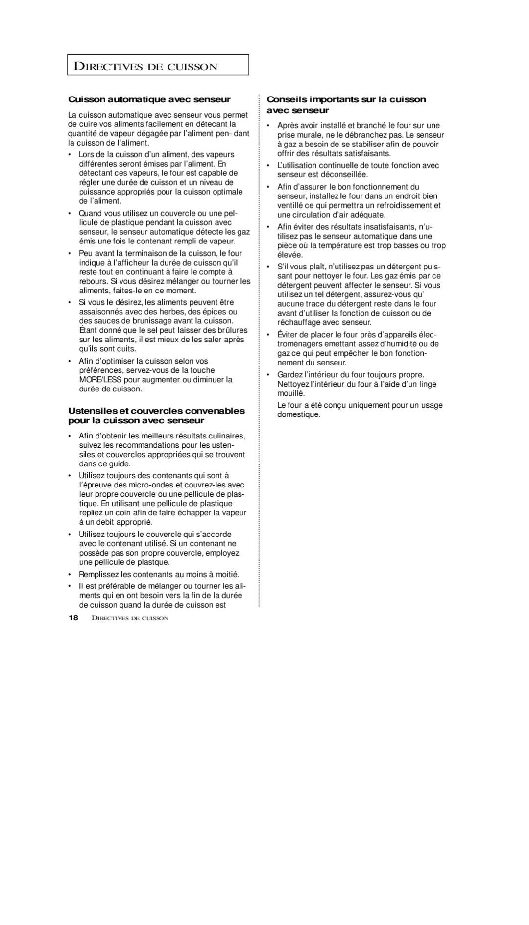 Samsung MS5796S, MS7797G, MS5796W, MS7796W Cuisson automatique avec senseur, Utilisez toujours des contenants qui sont à 