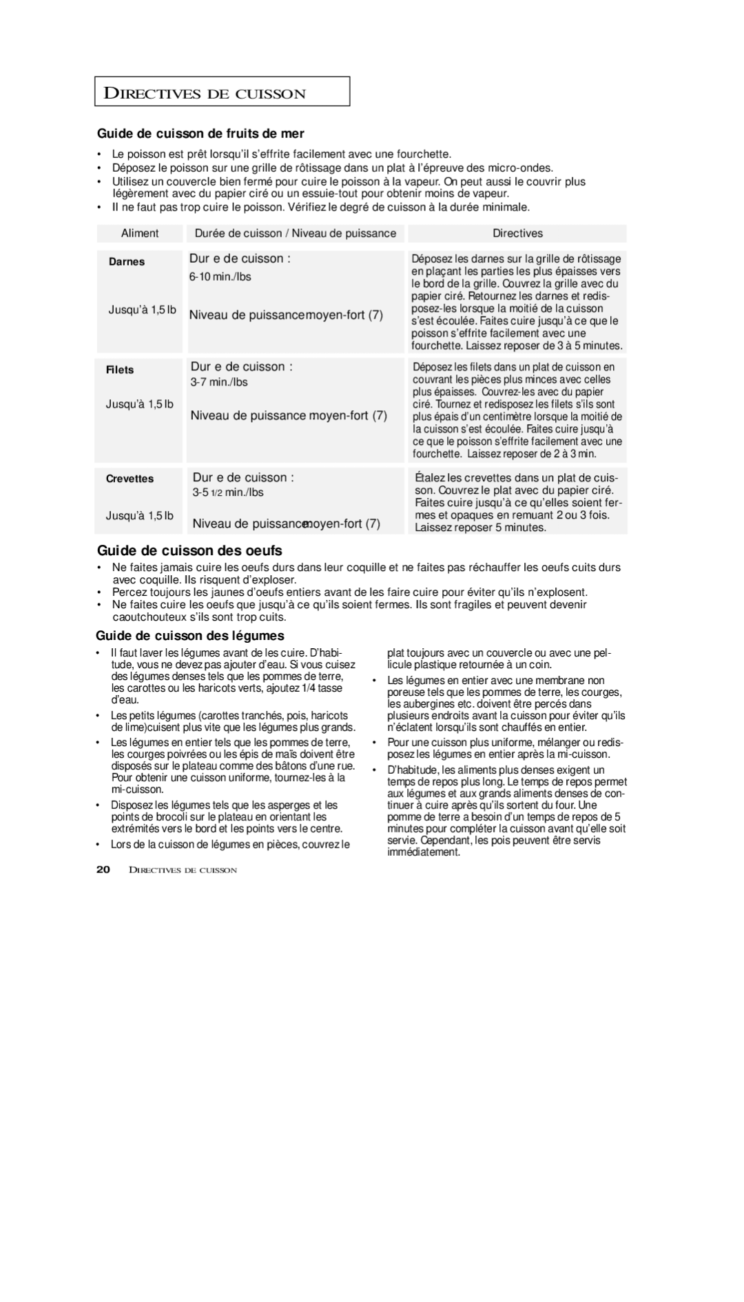 Samsung MS5796W, MS7797G manual Guide de cuisson des oeufs, Guide de cuisson de fruits de mer, Guide de cuisson des légumes 