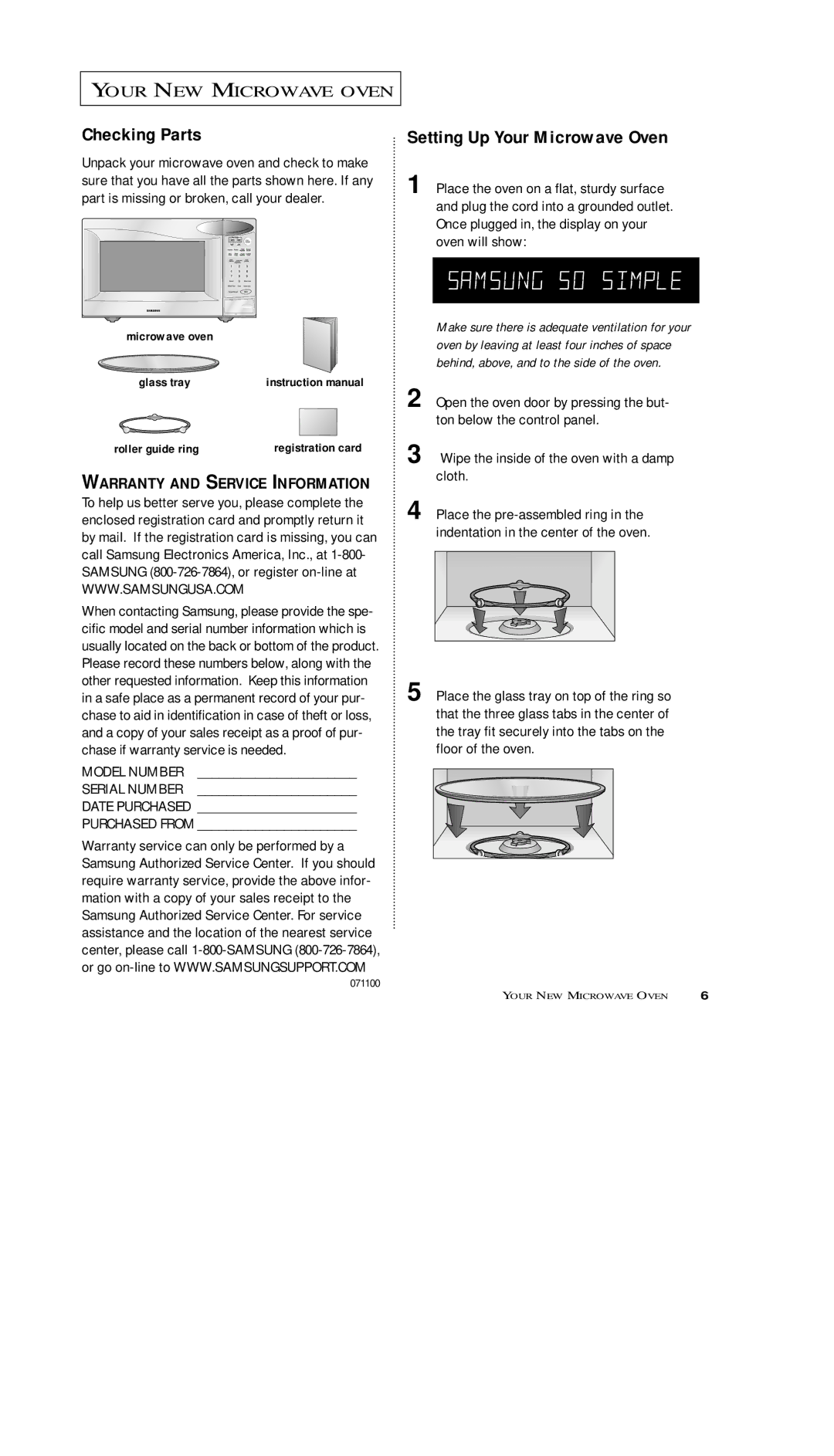 Samsung MS5796W, MS7797G, MS7796W, MS5797G, MS5796S Your NEW Microwave Oven, Checking Parts, Setting Up Your Microwave Oven 