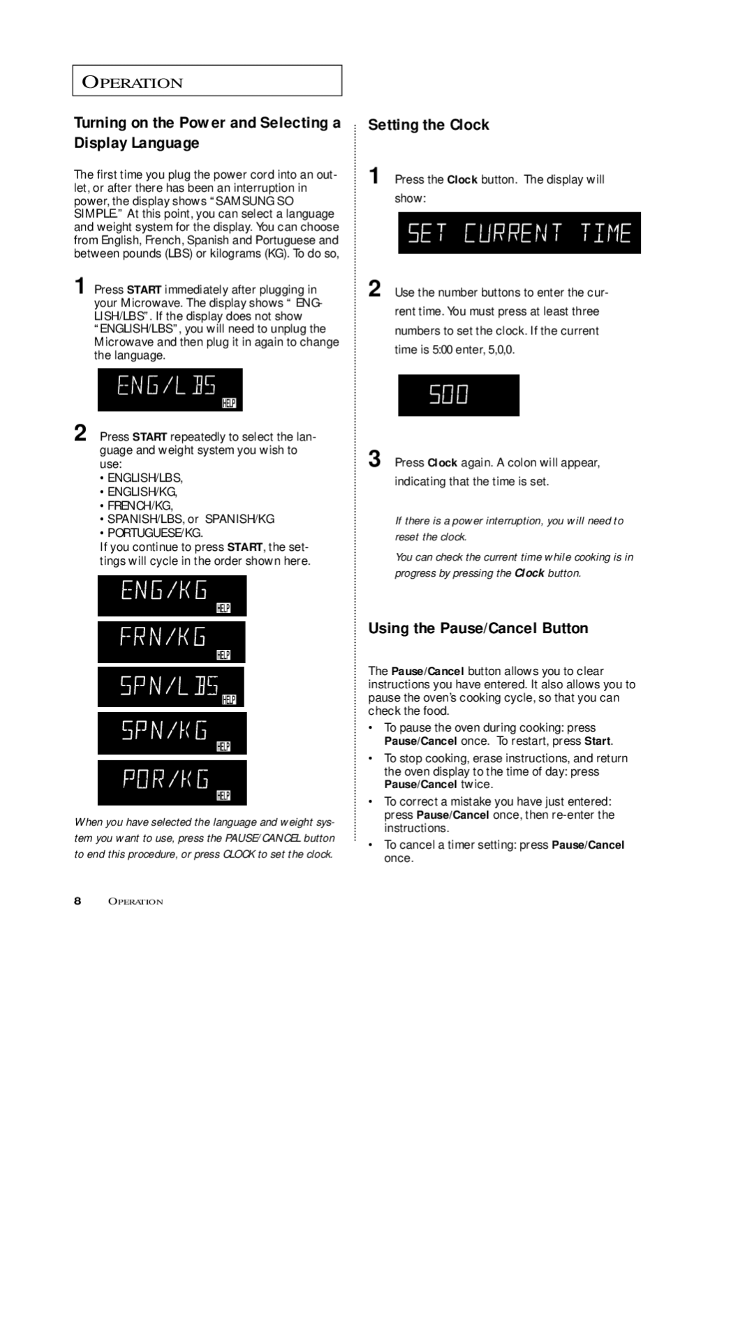 Samsung MS5797G, MS7797G, MS5796W manual Operation, Turning on the Power and Selecting a Display Language, Setting the Clock 