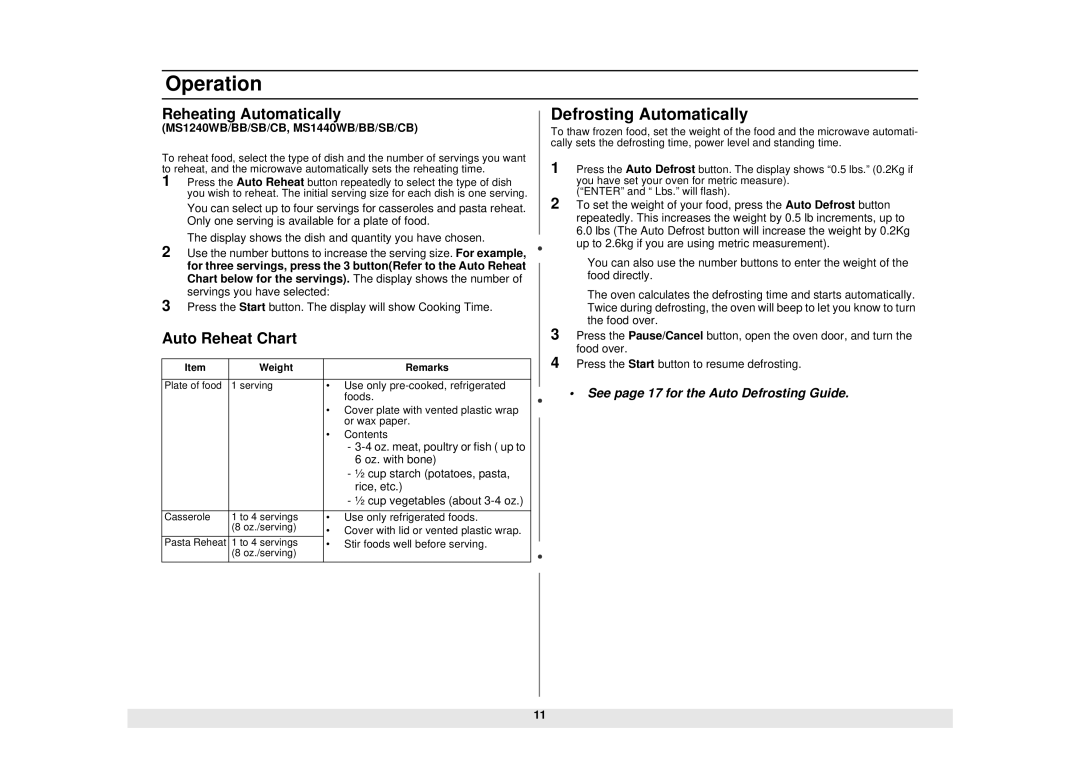 Samsung MS840CB manual Defrosting Automatically, Reheating Automatically, Auto Reheat Chart 