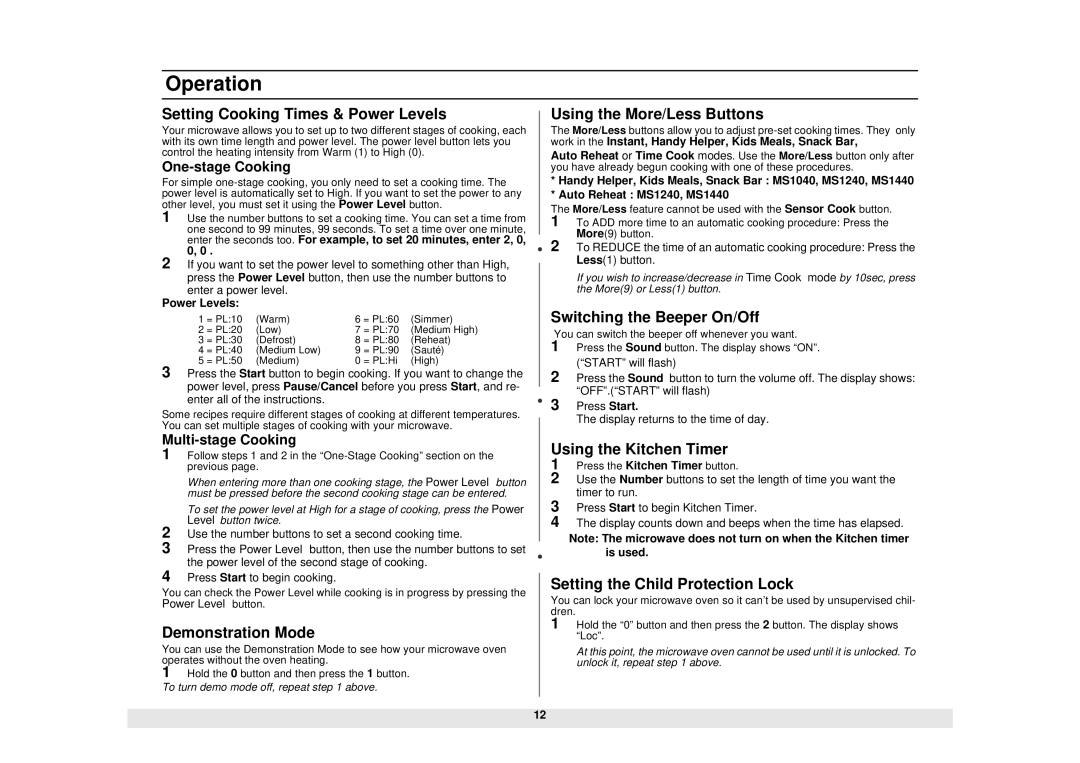 Samsung MS840CB manual Setting Cooking Times & Power Levels, Demonstration Mode, Using the More/Less Buttons 