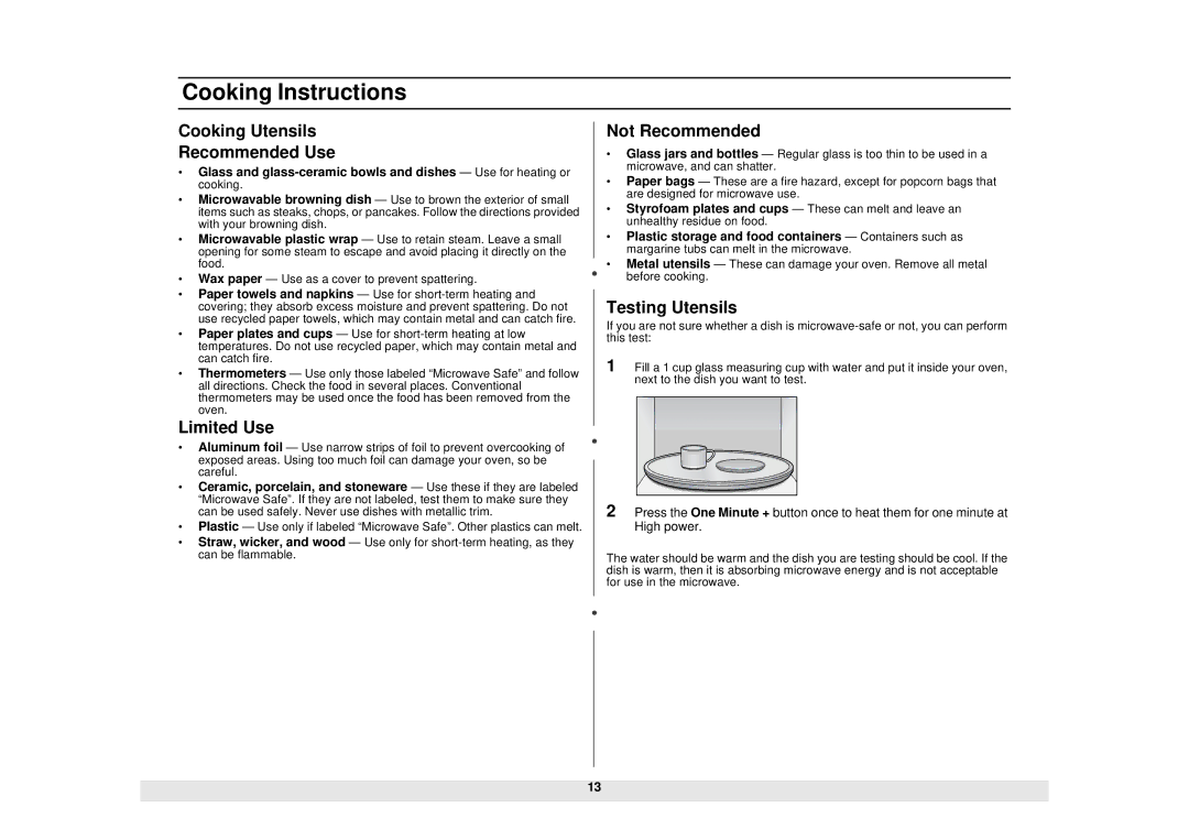 Samsung MS840CB Cooking Instructions, Cooking Utensils Recommended Use, Limited Use, Not Recommended, Testing Utensils 