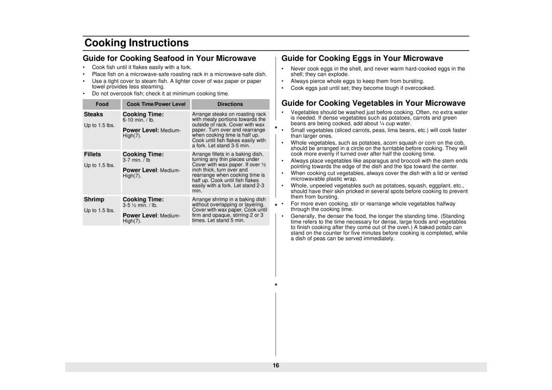 Samsung MS840CB manual Guide for Cooking Seafood in Your Microwave, Guide for Cooking Eggs in Your Microwave 