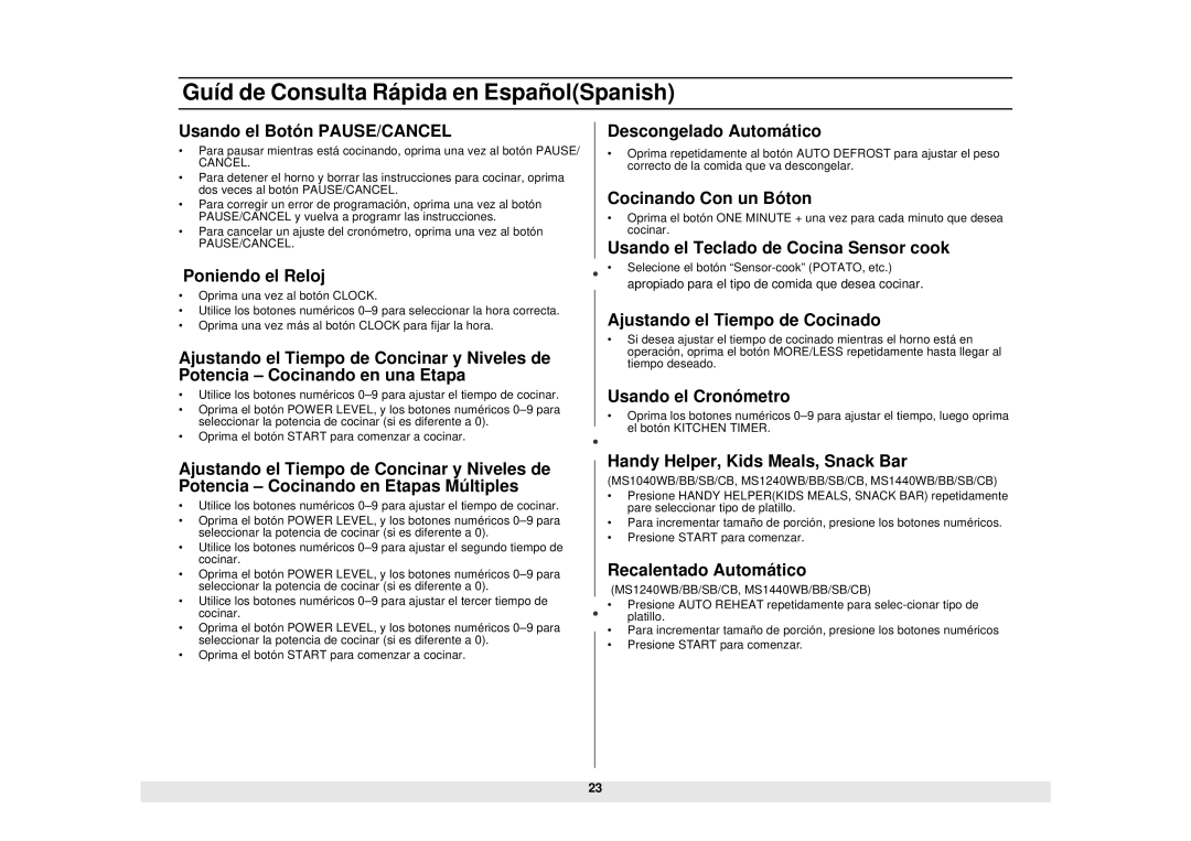 Samsung MS840CB manual Guíd de Consulta Rápida en EspañolSpanish 