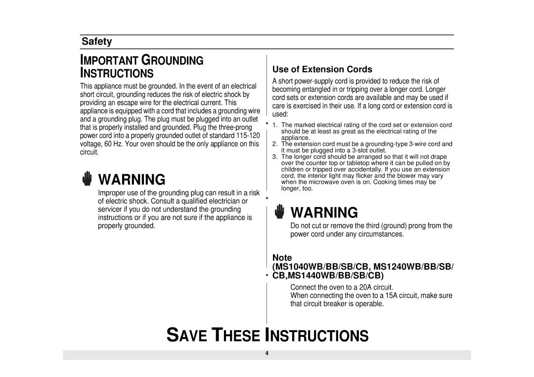 Samsung MS840CB manual Important Grounding Instructions 