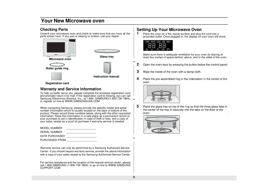 Samsung MS840CB Your New Microwave oven, Setting Up Your Microwave Oven, Checking Parts, Warranty and Service Information 