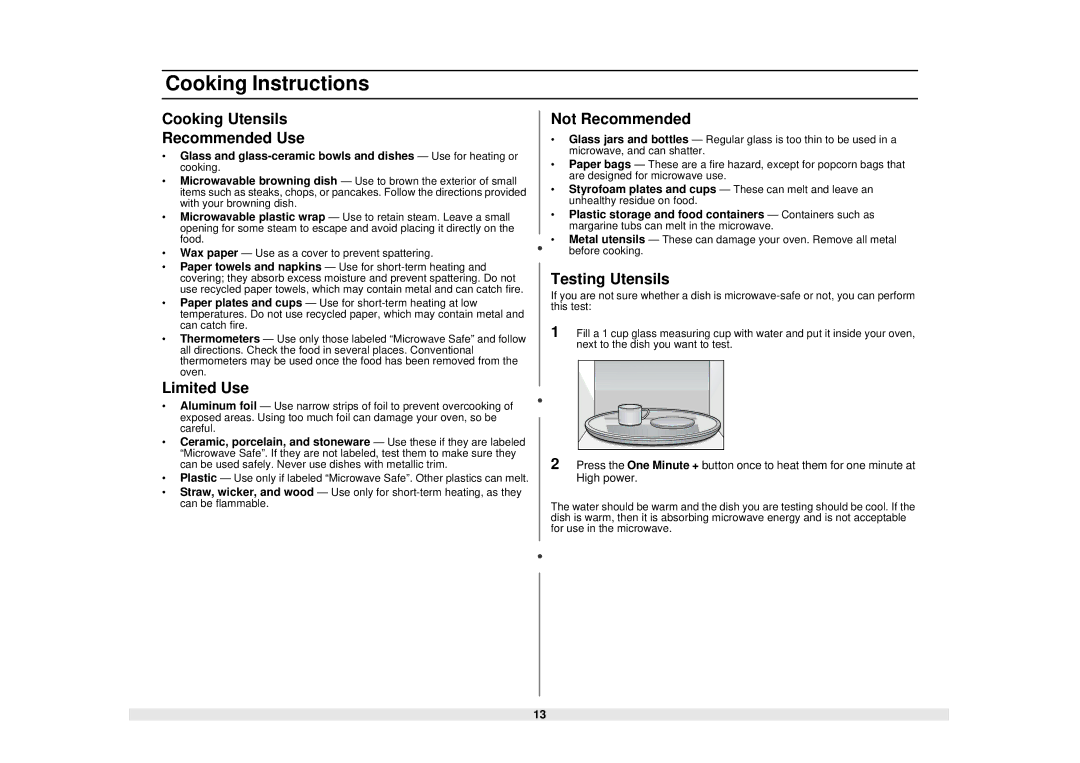 Samsung MS1040WB Cooking Instructions, Cooking Utensils Recommended Use, Limited Use, Not Recommended, Testing Utensils 