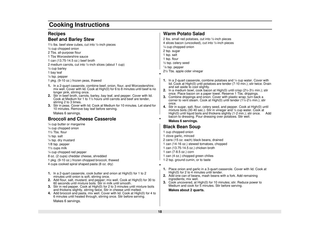 Samsung MS1240WB, MS840WB Recipes Beef and Barley Stew, Broccoli and Cheese Casserole, Warm Potato Salad, Black Bean Soup 