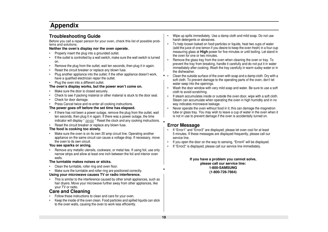 Samsung MS1440WB, MS840WB, MS1040WB, MS1240WB owner manual Appendix, Troubleshooting Guide, Care and Cleaning, Error Message 