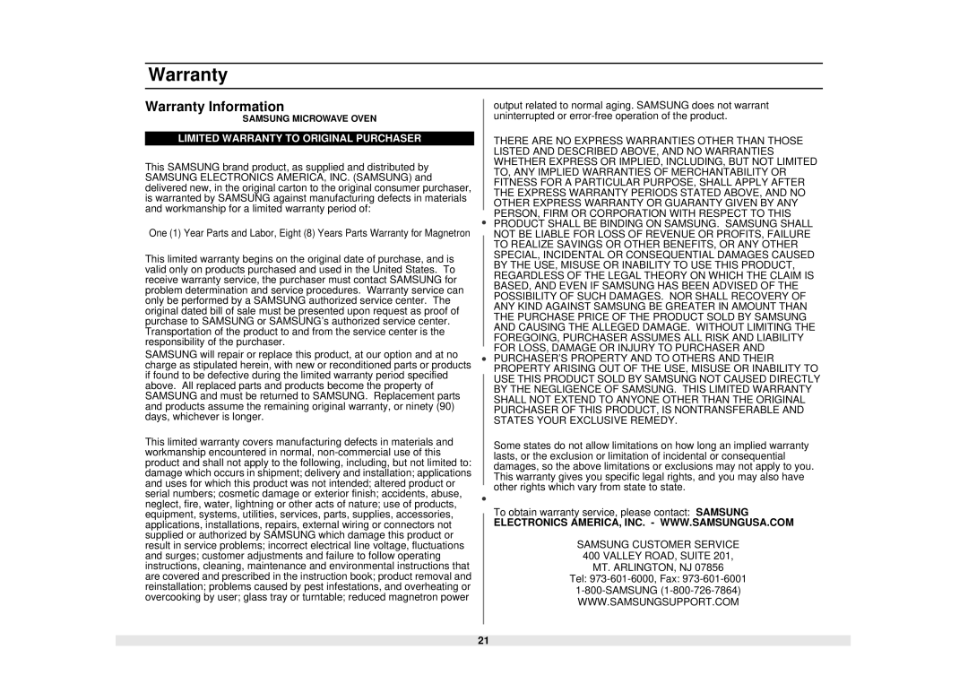 Samsung MS1040WB, MS840WB, MS1240WB, MS1440WB owner manual Warranty Information 