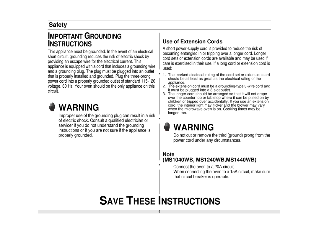 Samsung MS840WB, MS1040WB, MS1240WB, MS1440WB owner manual Important Grounding Instructions 