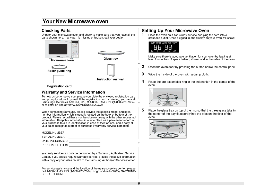 Samsung MS1040WB Your New Microwave oven, Setting Up Your Microwave Oven, Checking Parts, Warranty and Service Information 