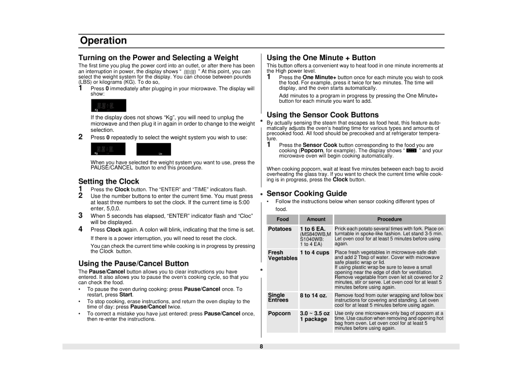 Samsung MS840WB, MS1040WB, MS1240WB, MS1440WB owner manual Operation 