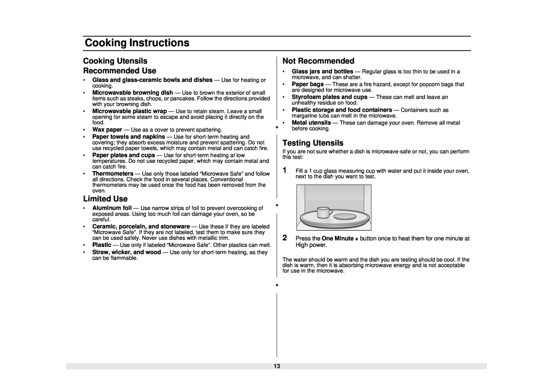Samsung MS1040WB Cooking Instructions, Cooking Utensils Recommended Use, Limited Use, Not Recommended, Testing Utensils 