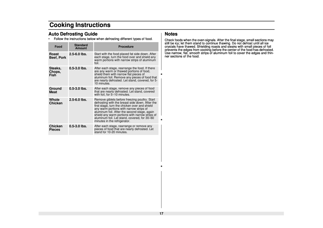 Samsung MS1040WB, MS840WB, MS1240WB, MS1440WB owner manual Auto Defrosting Guide, Cooking Instructions 