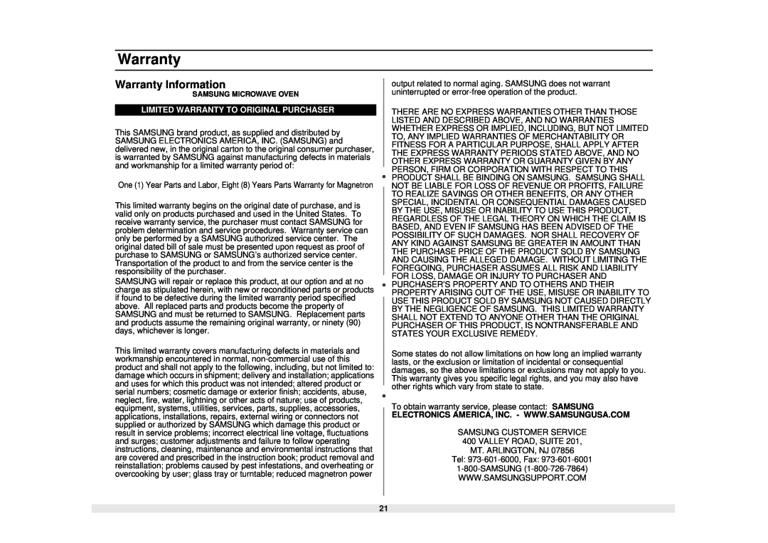 Samsung MS1040WB, MS840WB, MS1240WB, MS1440WB owner manual Warranty Information, Limited Warranty To Original Purchaser 