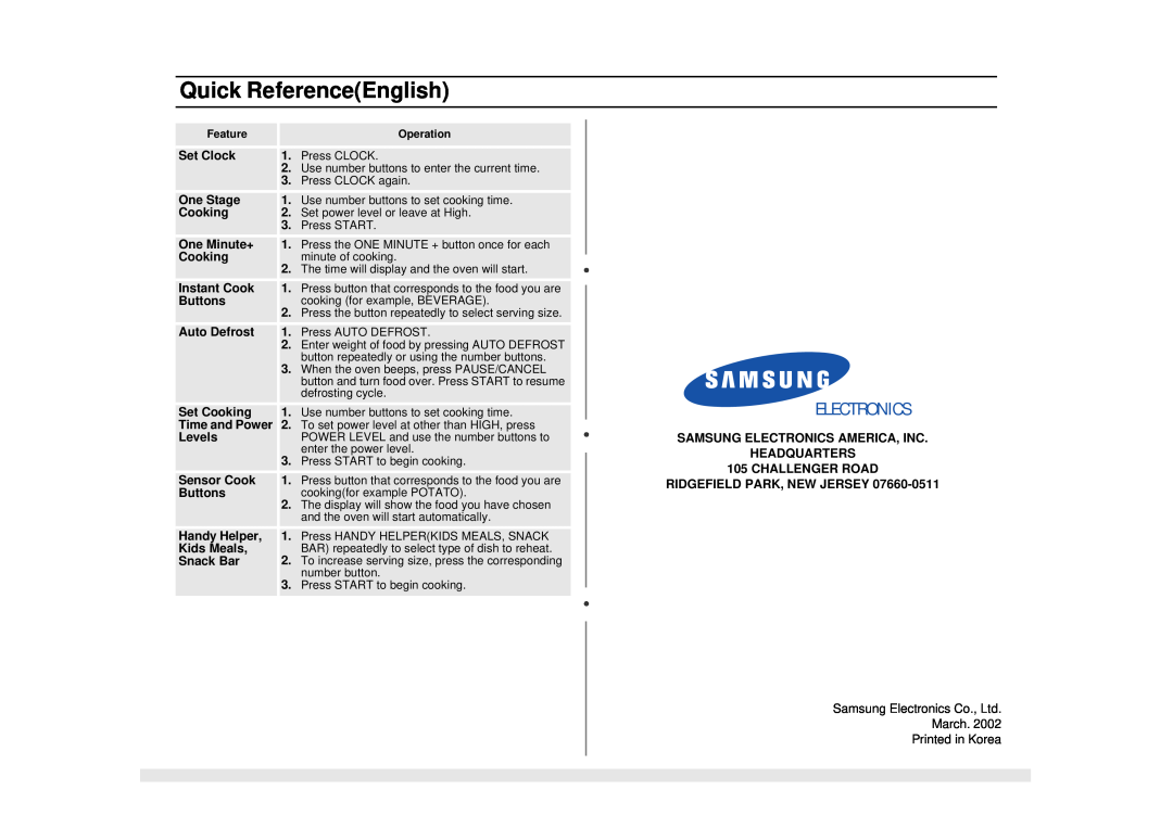 Samsung MS840WB, MS1040WB, MS1240WB, MS1440WB owner manual Quick ReferenceEnglish, Electronics 
