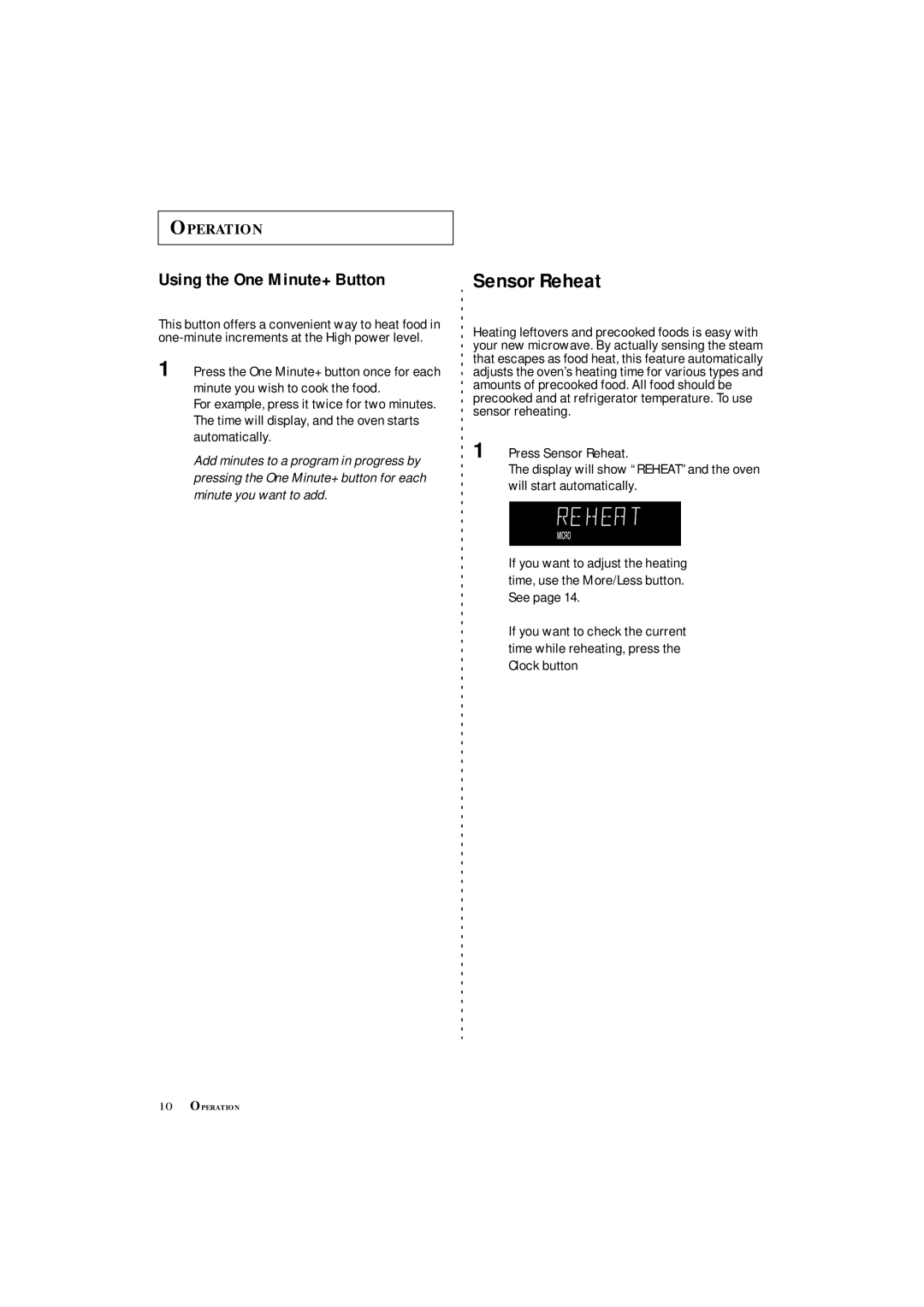 Samsung MS8899S manual Using the One Minute+ Button, Sensor Reheat 