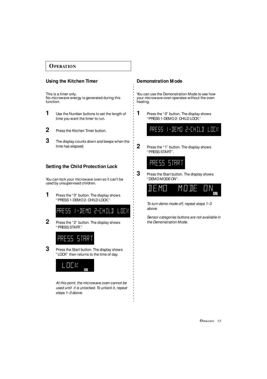 Samsung MS8899S manual Using the Kitchen Timer, Setting the Child Protection Lock, Demonstration Mode 