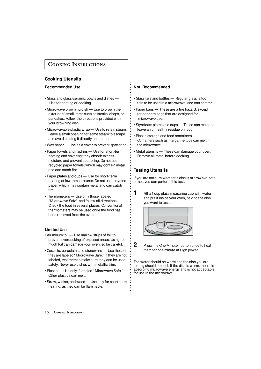 Samsung MS8899S manual Cooking Utensils, Testing Utensils 